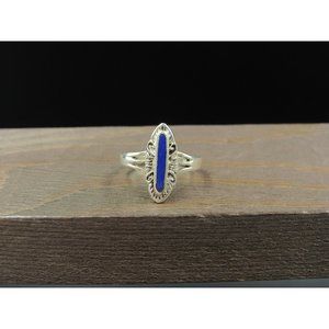 Size 5.25 Sterling Silver Tarnished Thin Blue Inlay Band Ring Vintage Statement